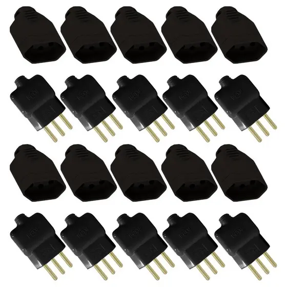 Kit 10 Pares Ilumi com 10 Plugues Pino Macho 2P+T 10A/250V Preto + 10 Plugues Pino Fêmea 2P+T 10A/250V Preto