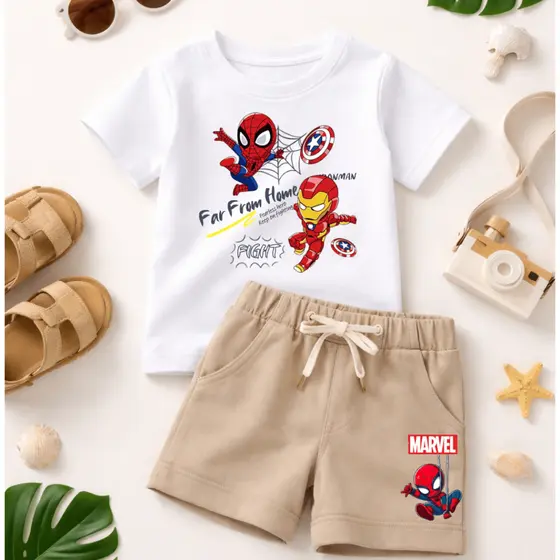 Conjunto Infantil Para meninos - Conjunto de Alta Qualidade com Estampa de Herois - Camiseta Algodão e Short Moletinho
