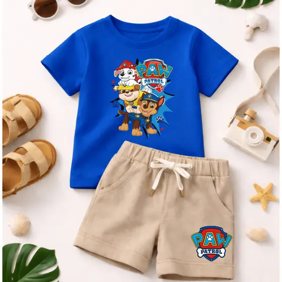 Conjunto Infantil - Patrulha - Conjunto de Camiseta em Algodão e Short Moletinho - Alta Qualidade e Estampa Divertida