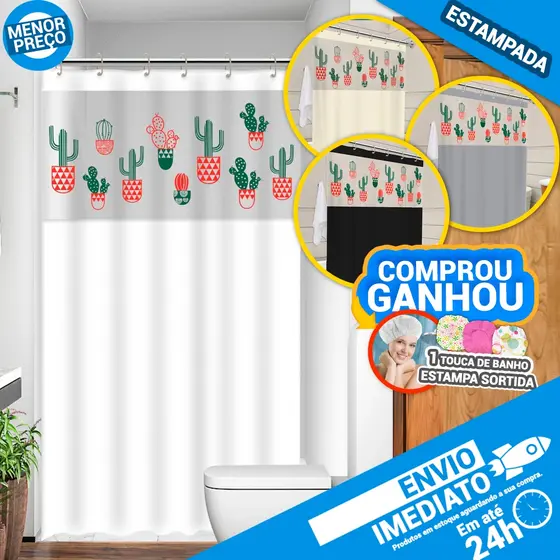 Cortina Box com Visor Cactos Para Banheiro Anti Mofo Resistente Alta Qualidade 100% PVC Várias Cores