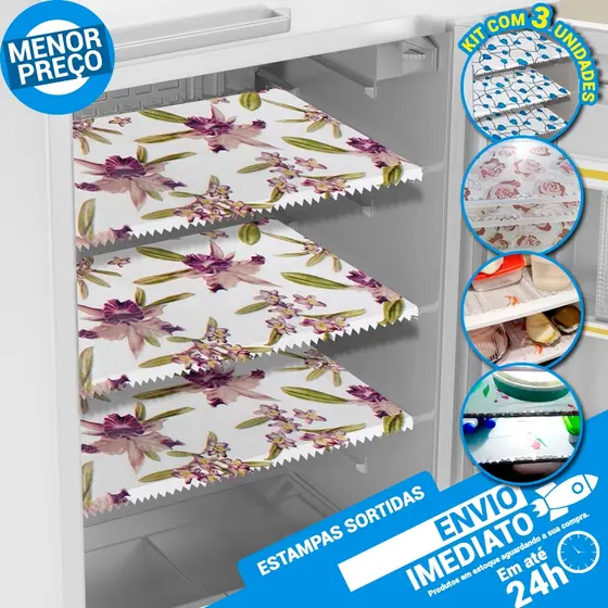 Kit com 3 Forros Para Forrar Prateleira de Geladeira Toalhas PE Estampas Sortidas