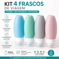 Kit 4 Frascos Garrafinhas Potes 90ml de Silicone para Cremes, Loções Reutilizáveis + Bolsinha Plástico com Zip