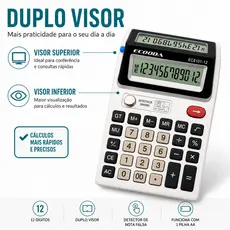 Calculadora Eletrônica 12 Dígitos com Duplo Visor Detector de Dinheiro Escritório Escola Comércio