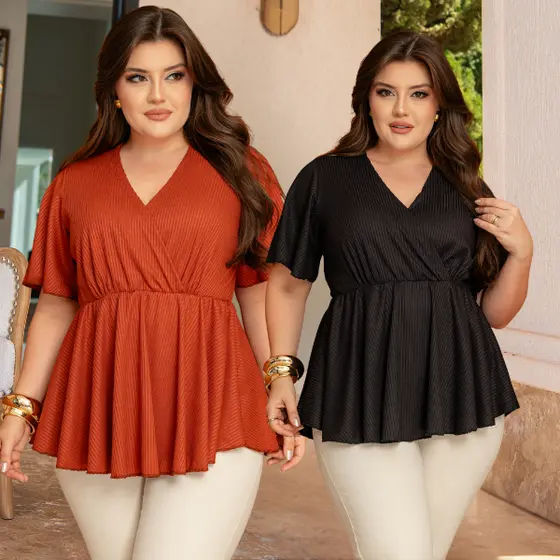 Blusinha Plus Size Peplum Evangélica Soltinha Bata Mangas Curta
