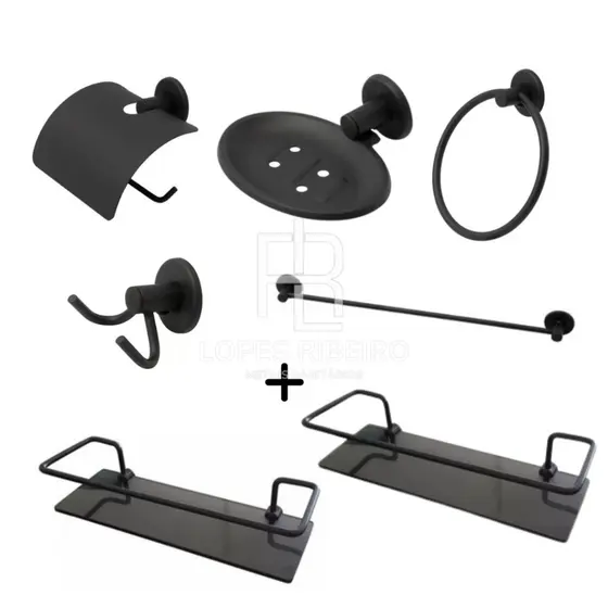 Combo 7 Itens Kit Acessórios Para Banheiro Stander 5 peças e 2 Porta Shampoo Reto Preto