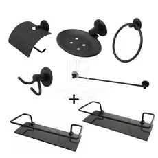Combo 7 Itens Kit Acessórios Para Banheiro Stander 5 peças e 2 Porta Shampoo Reto Preto