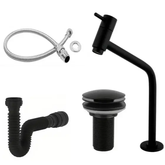 Combo Completo para Banheiro - Torneira Link ABS Preta + Válvula Click ABS Preta + Sifão Preto + Engate Flexível 40cm