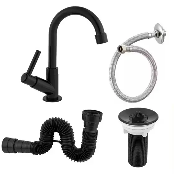 Combo para Banheiro - Torneira 1198 Bica Móvel ABS Preta + Válvula 7/8 ABS Preta + Sifão Preto + Engate Flexível 40cm