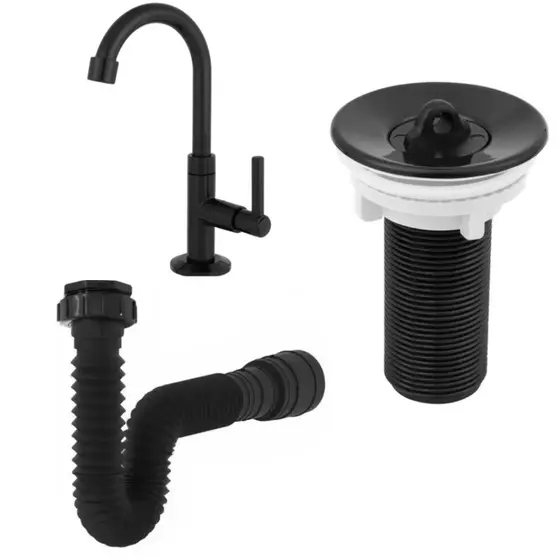 Kit Torneira Lavatorio Banheiro Valvula + Sifão Flexível Cor Preto