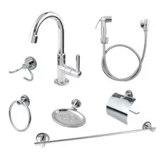 Combo Kit Banheiro 5 Peças Stander Cromado + Torneira 1198 Lavatório ABS + Kit Ducha Higiênica Completo