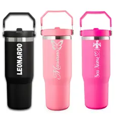 Garrafa Térmica 900ML Personalizada a Laser Com Alça Flip Tumbl Aço Inoxidável Com Canudo P/ Academia Trabalho Caminhada
