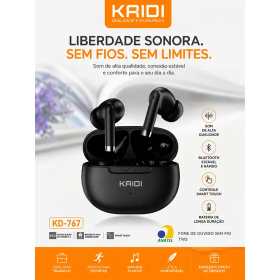 Kaidi Tws Kd-767 Fone De Alta Qualidade Touch com Resistencia a Agua