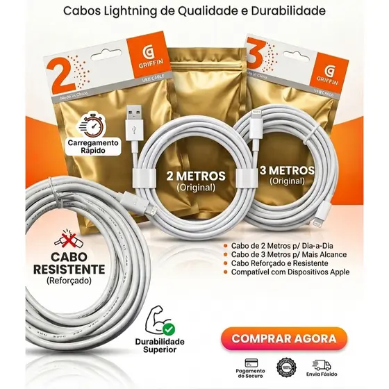 Cabo Carregador Potente e Resistente Tipo LightNing de 2m e 3m