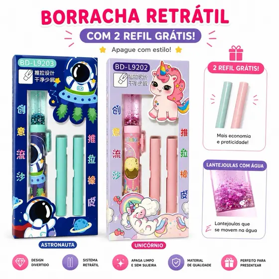 Kit Borracha Retrátil + 2 refil astronauta unicórnio panda material escolar papelaria Kawaii