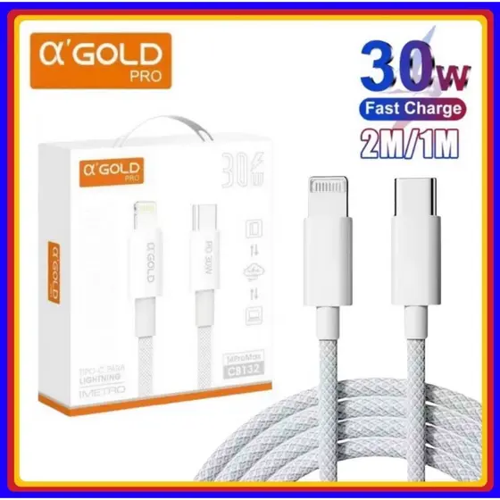Cabo Tipo C Lightning Turbo 30W cabo PD Para iPhone A’Gold Original 1 e 2 Metros carregamento rápido