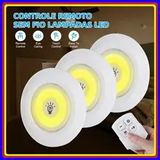 Kit 3 Lâmpadas Luminária de Led Spot Sem Fio Controle Remoto Cor Branco Pilha AAA