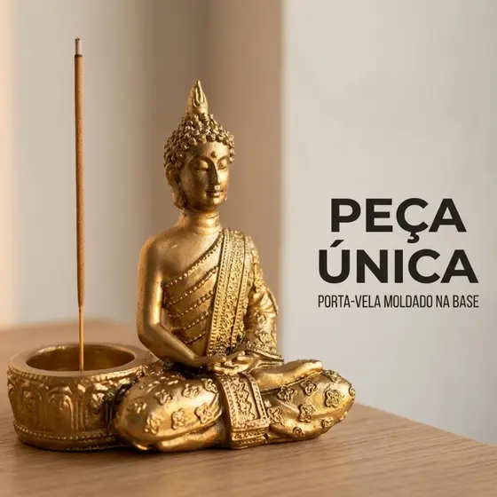 Porta Vela e Incensário Buda Gesso 11cm Castiçal Dourado Prata ou Cru Estátua Buda Meditando Decoração Zen