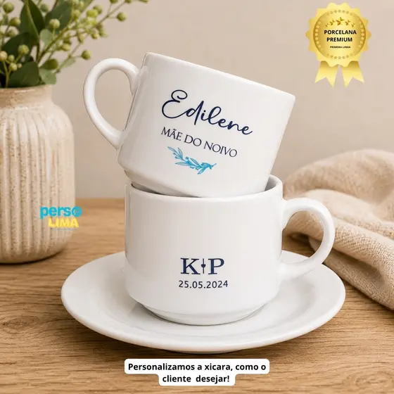Xícara Personalizada com Nome ou Logo e Pires 180ml | Presente para Padrinhos de Casamento, Madrinha e Dindos