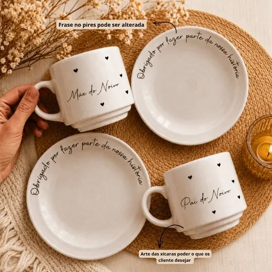 Kit Xícaras com Pires Personalizadas com Nome | Presente para Padrinhos de Casamento, Madrinha e Dindos | 180ml