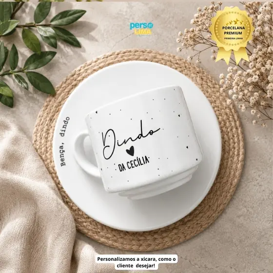 Kit Xícaras Personalizadas com Nome e Pires | Presente para Padrinhos de Batismo, Dindos, Madrinha, Vovó e Vovô | 180ml