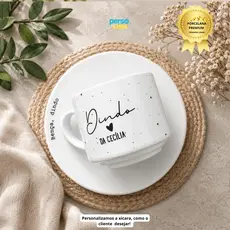 Kit Xícaras Personalizadas com Nome e Pires | Presente para Padrinhos de Batismo, Dindos, Madrinha, Vovó e Vovô | 180ml