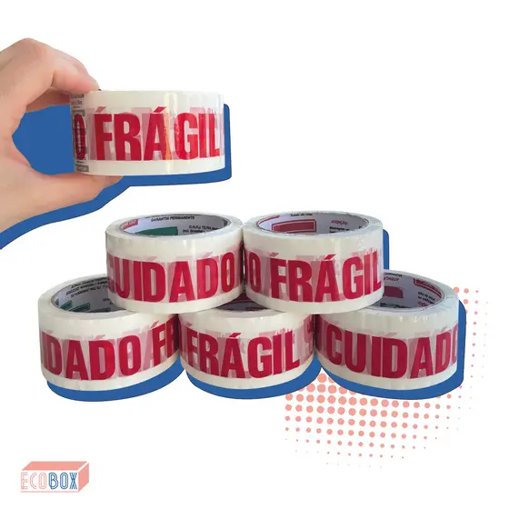 Fita Adesiva Branca Cuidado Frágil 48mm x 50mts Para Embalagens Mudança Envios Produto Frágil E-Commerce Resistente