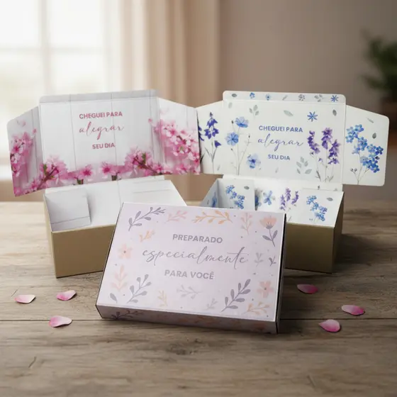 Caixa de Papelão Floral Premium 20x16x7cm E-Commerce Sofisticada Envios Presente Roupas Artesanato Doces Cosméticos