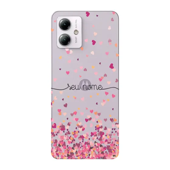 Capinha para Moto G14 Anti Impacto Personalizada - Chuva de corações rosa com nome