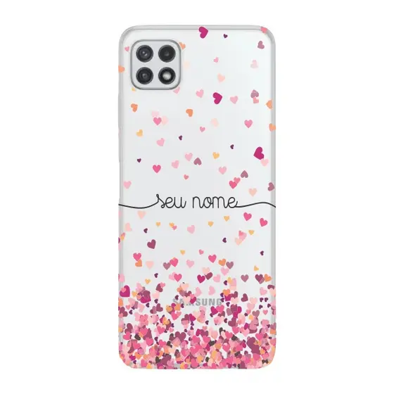 Capinha para Samsung A22 5G Anti Impacto Personalizada - Chuva de corações rosa com nome