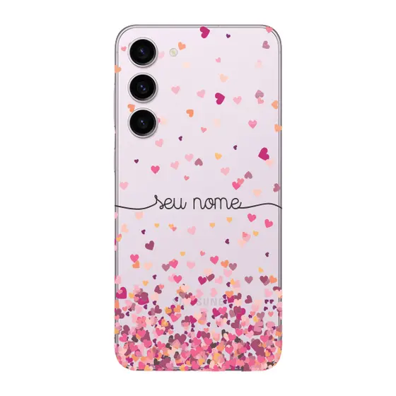 Capinha para Samsung S23 Anti Impacto Personalizada - Chuva de corações rosa com nome