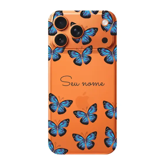 Capinha para iPhone 17 Pro Max Anti Impacto Personalizada - Borboletas azuis com nome
