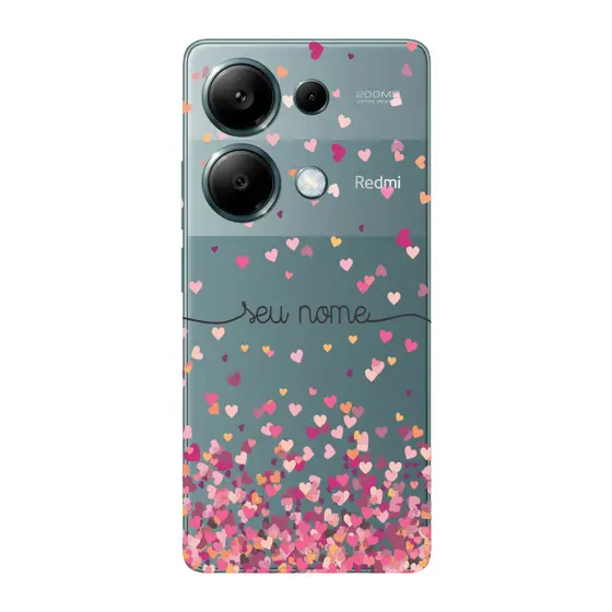 Capinha para Xiaomi RedMi Note 13 Pro 4G Anti Impacto Personalizada - Chuva de corações rosa com nome
