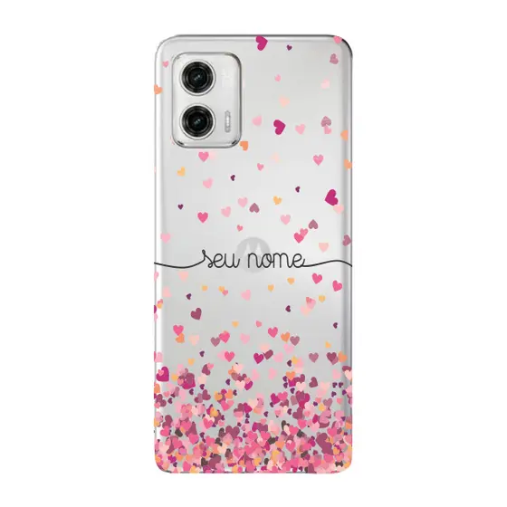 Capinha para Moto G73 Anti Impacto Personalizada - Chuva de corações rosa com nome