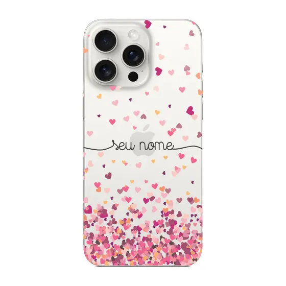 Capinha para iPhone 15 Pro Max Anti Impacto Personalizada - Chuva de corações rosa com nome
