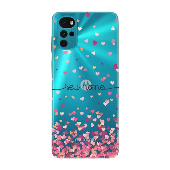 Capinha para Moto G22 Anti Impacto Personalizada - Chuva de corações rosa com nome manuscrito