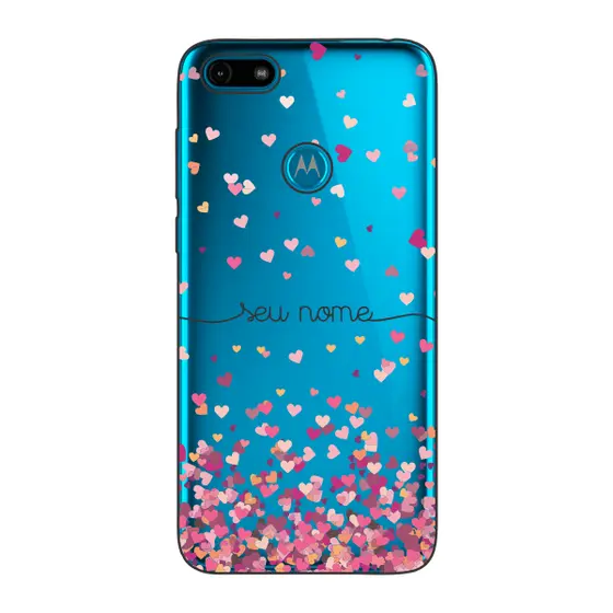 Capinha para Moto E6 Play Anti Impacto Personalizada - Chuva de corações rosa com nome