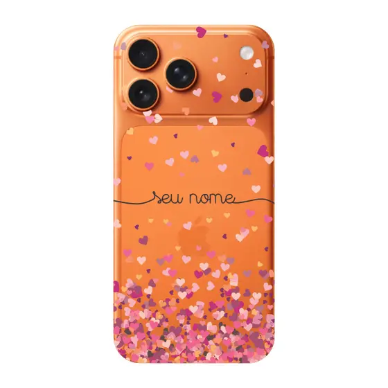 Capinha para iPhone 17 Pro Anti Impacto Personalizada - Chuva de corações rosa com nome