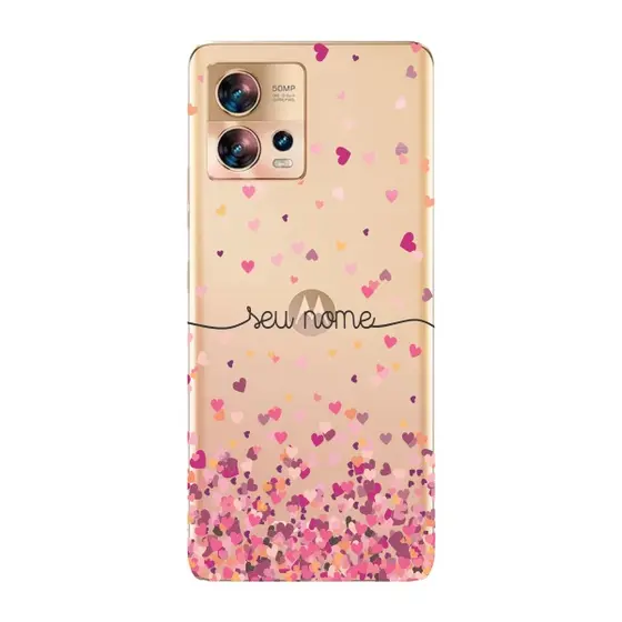 Capinha para Moto Edge 30 Fusion Anti Impacto Personalizada - Chuva de corações rosa com nome