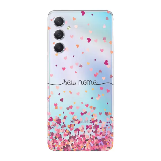 Capinha para Samsung M54 5G Anti Impacto Personalizada - Chuva de corações rosa com nome
