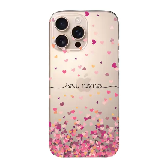 Capinha para iPhone 16 Pro Max Anti Impacto Personalizada - Chuva de corações rosa com nome