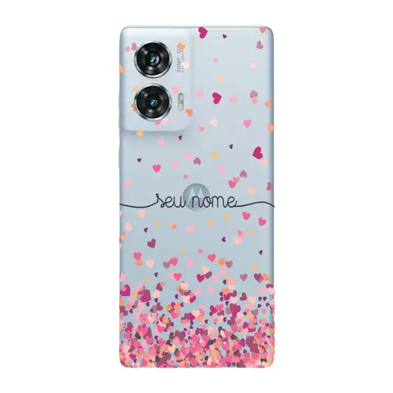 Capinha para Moto Edge 50 Fusion Anti Impacto Personalizada - Chuva de corações rosa com nome