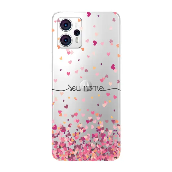 Capinha para Moto G23 Anti Impacto Personalizada - Chuva de corações rosa com nome
