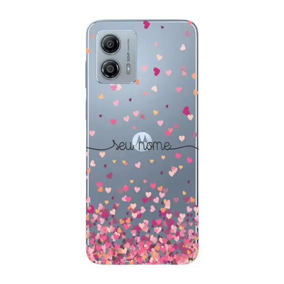 Capinha para Moto G53 Anti Impacto Personalizada - Chuva de corações rosa com nome