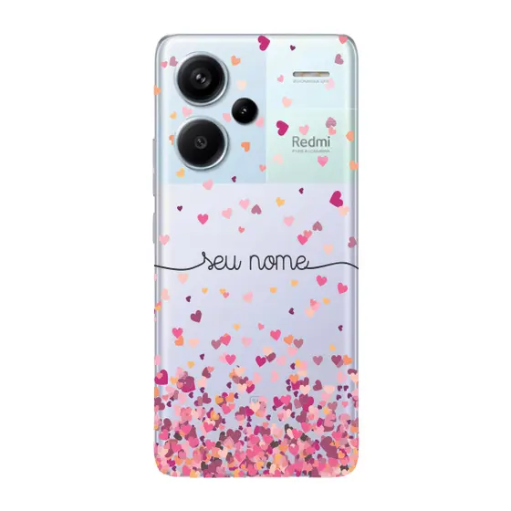 Capinha para Xiaomi RedMi Note 13 Pro Plus Anti Impacto Personalizada - Chuva de corações rosa com nome