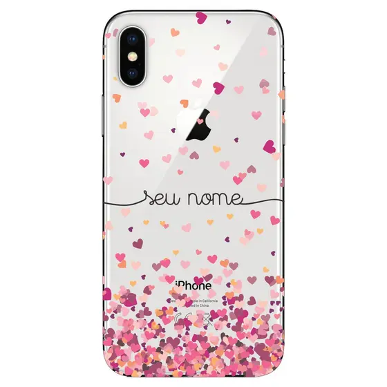 Capinha Anti Impacto Personalizada iPhone X / Xs  - Chuva de corações rosa com nome