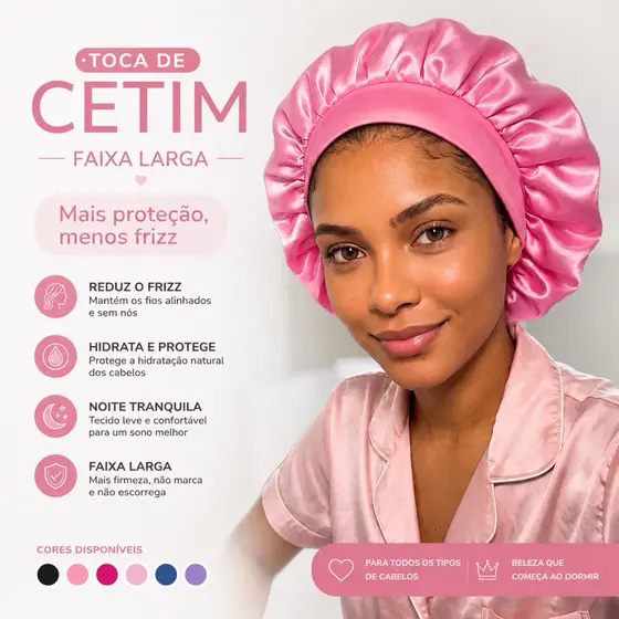 Touca Gorro de Cetim Anti Frizz Para Dormir Faixa Larga Cachos Tranças e Mega Hair linha Premium