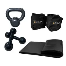 Kit Aeróbico em Casa Caneleira 3kg Halter 1kg Kettlebell 4kg Colchonete Treino Funcional Musculação