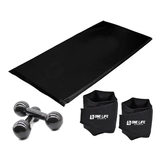 Kit Aeróbico em Casa Caneleira Velcro 3kg Halter Bola 2kg Colchonete Fitness Treino Funcional