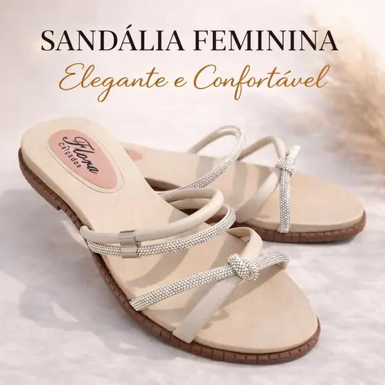 Sandália Rasteirinha Feminina Confortável Plana Ajustável Com Brilho Strass