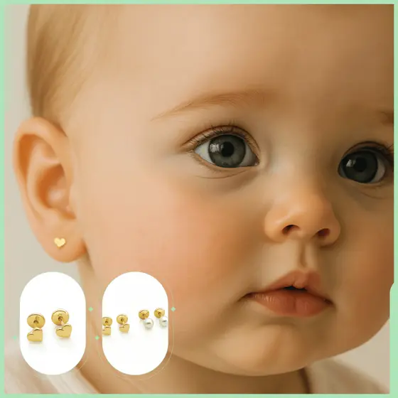 Kit 2 Pares Brincos Bebê Infantil Menina Antialérgico Banho Ouro 18K com Tarraxa Baby Segura